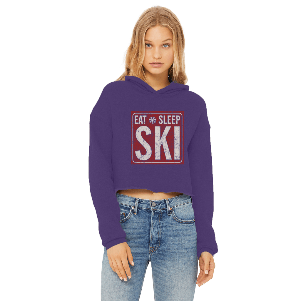 Eat Sleep Ski Ladies Cropped Raw Edge Hoodie - Powderaddicts