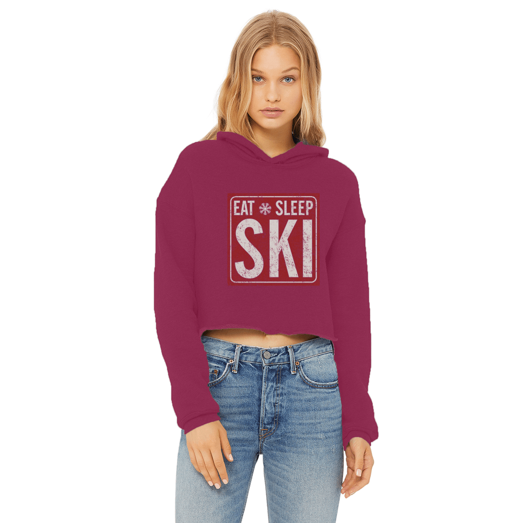 Eat Sleep Ski Ladies Cropped Raw Edge Hoodie - Powderaddicts