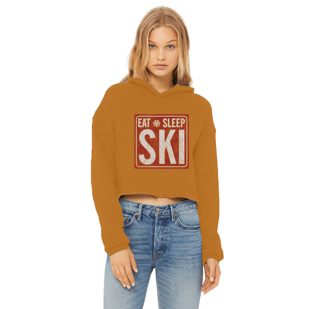 Eat Sleep Ski Ladies Cropped Raw Edge Hoodie - Powderaddicts