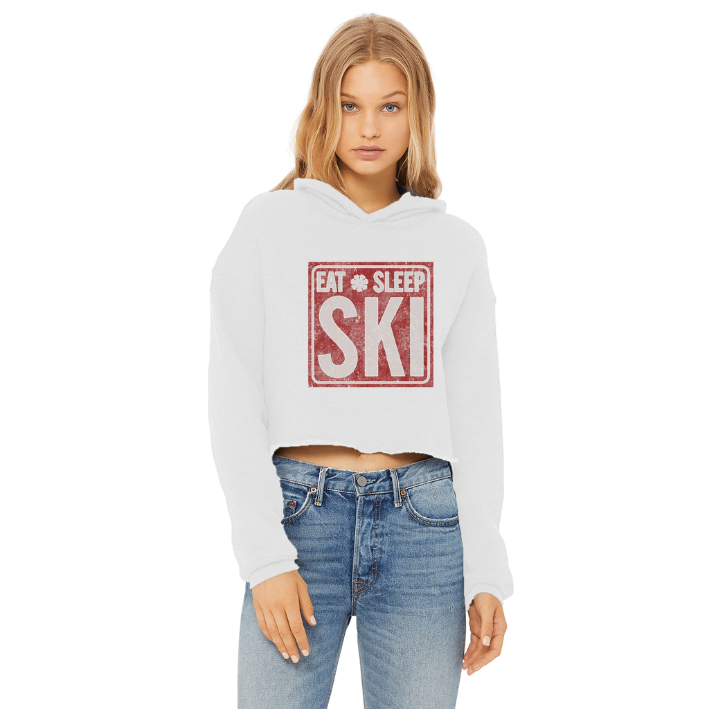 Eat Sleep Ski Ladies Cropped Raw Edge Hoodie - Powderaddicts