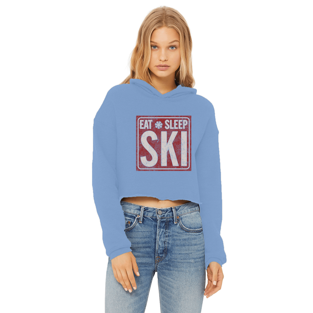 Eat Sleep Ski Ladies Cropped Raw Edge Hoodie - Powderaddicts