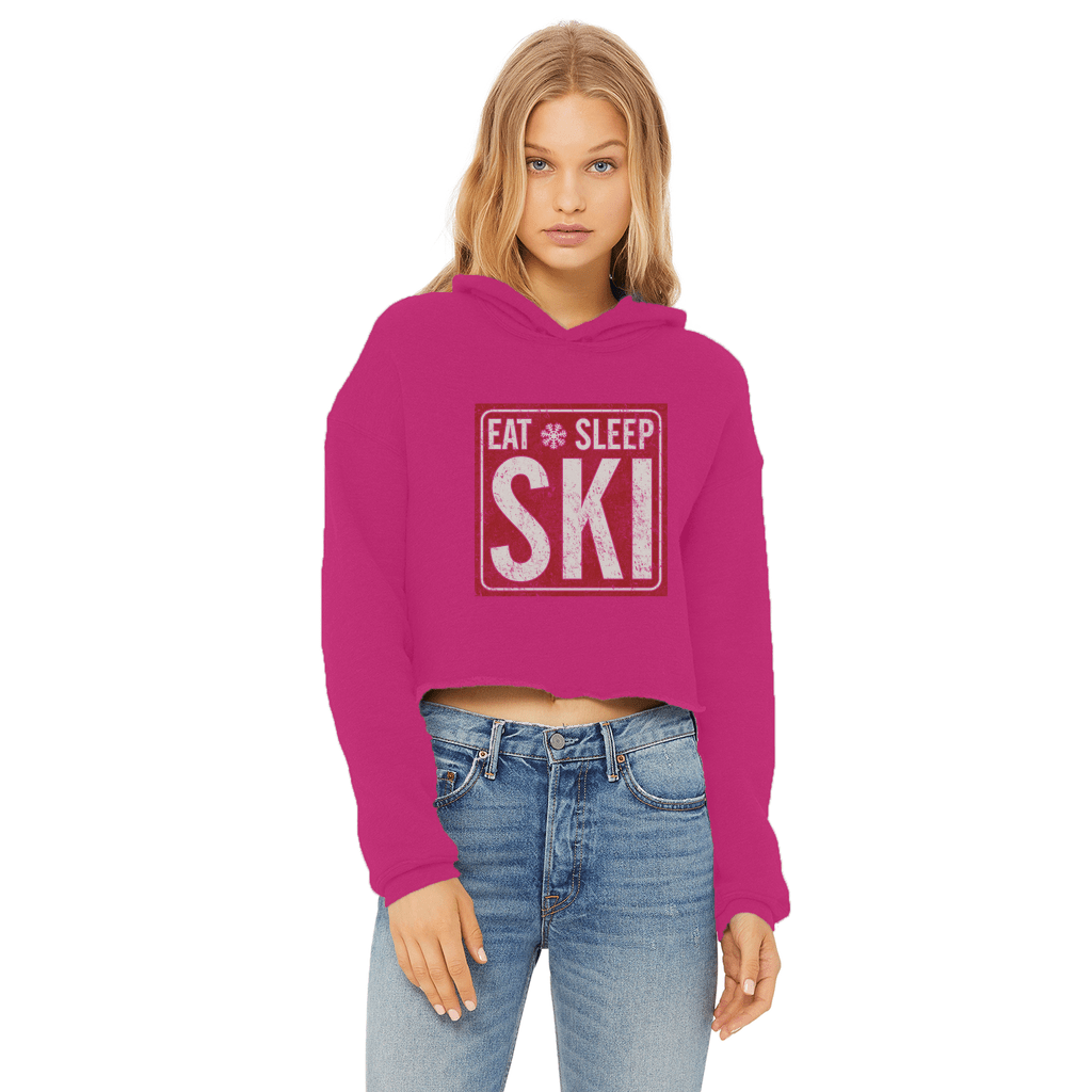 Eat Sleep Ski Ladies Cropped Raw Edge Hoodie - Powderaddicts