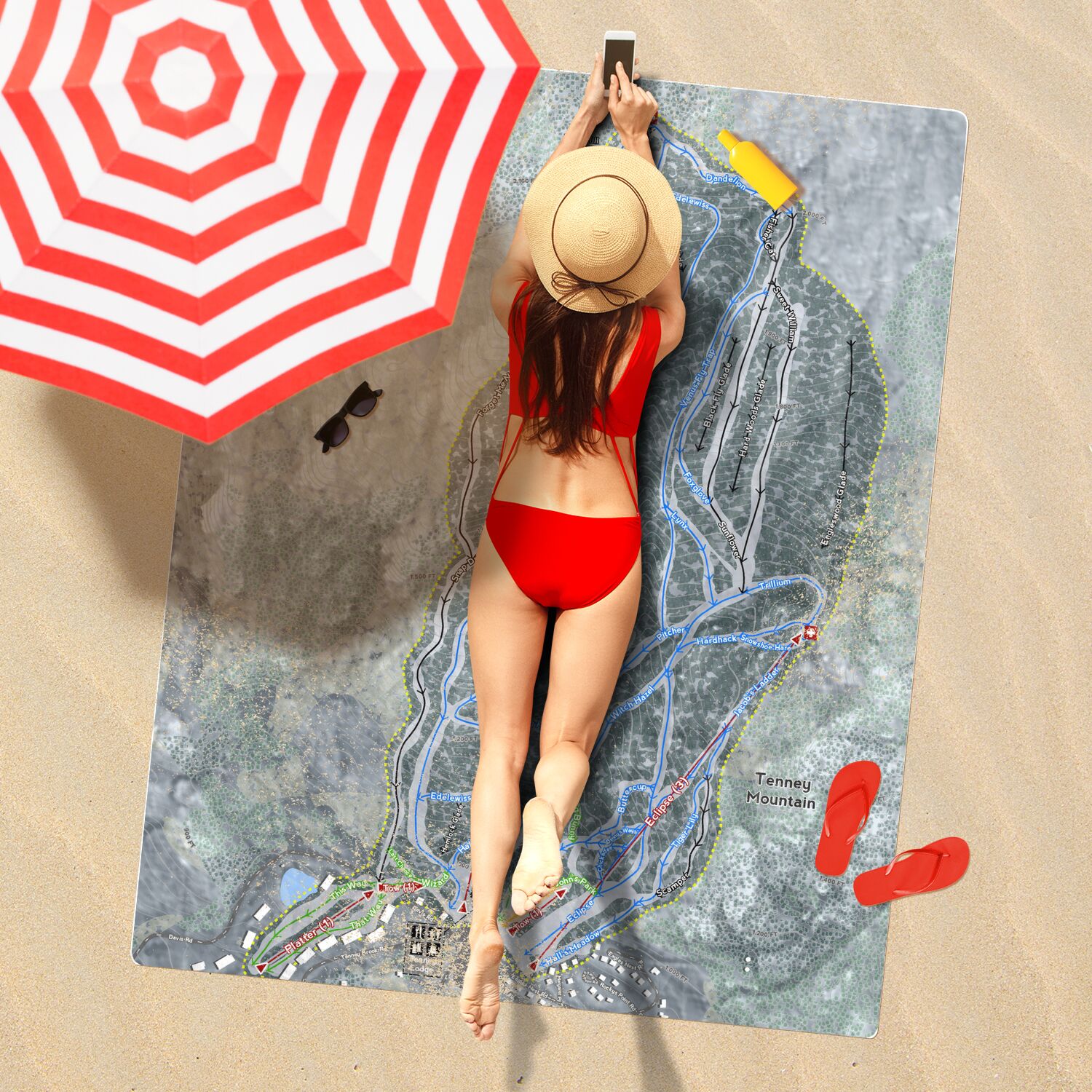 Tenney Mountain, New Hampshire Ski Resort Map Printed Beach Towel - Powderaddicts