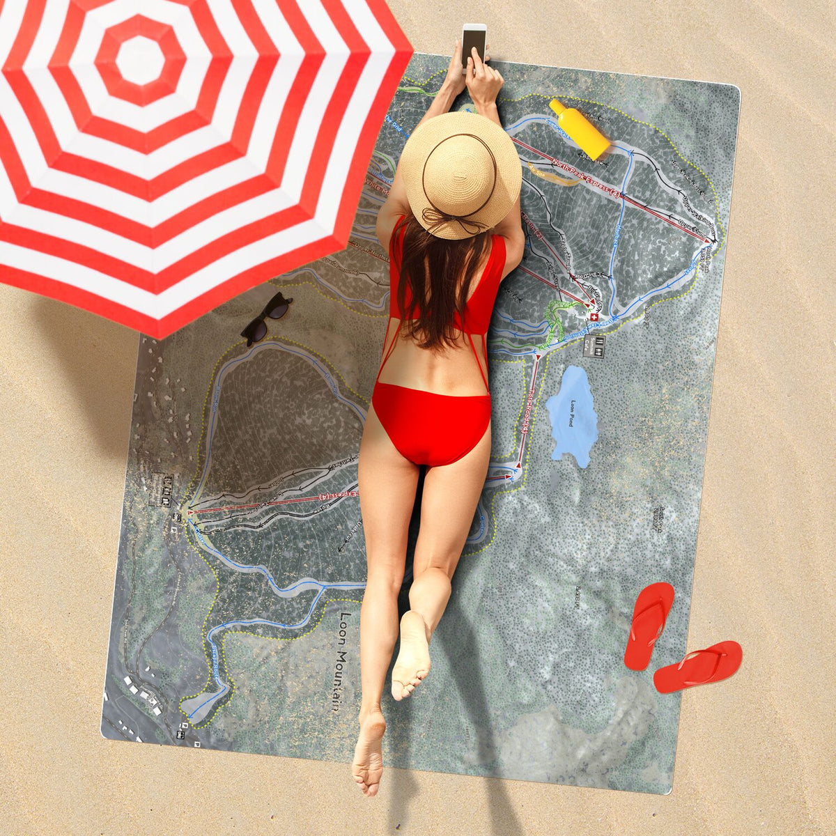 Loon Mountain, New Hampshire Ski Resort Map Printed Beach Towel - Powderaddicts