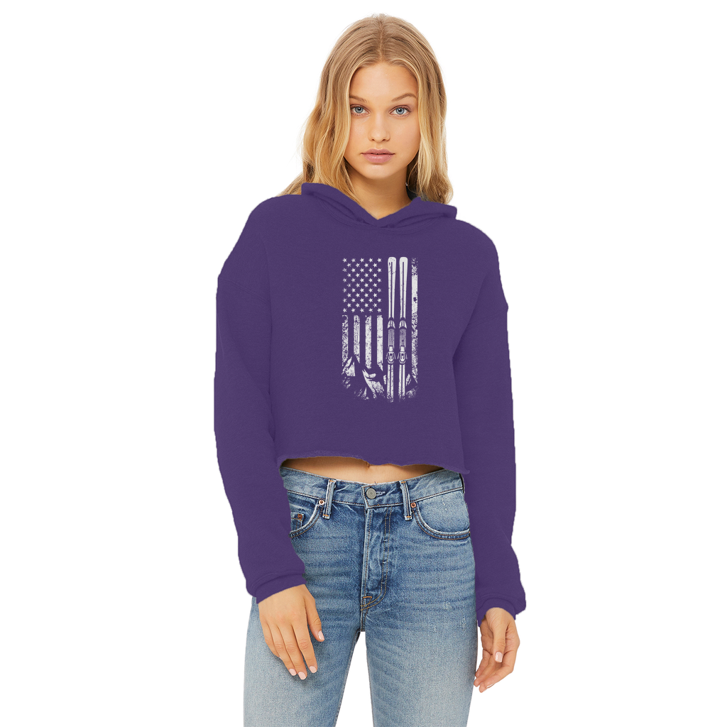 USA Ski Flag Ladies Cropped Raw Edge Hoodie - Powderaddicts