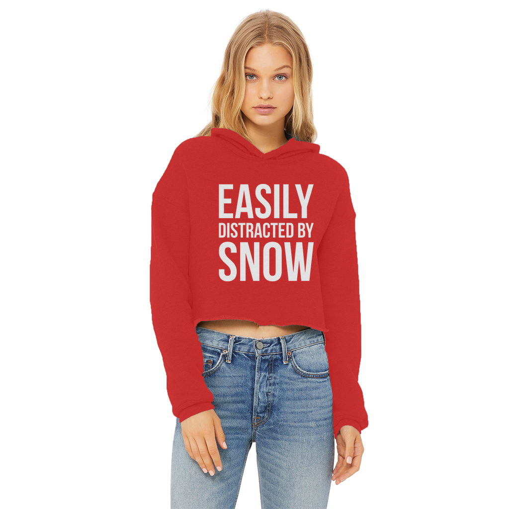 Easily Distracted By Snow Ladies Cropped Raw Edge Hoodie - Powderaddicts
