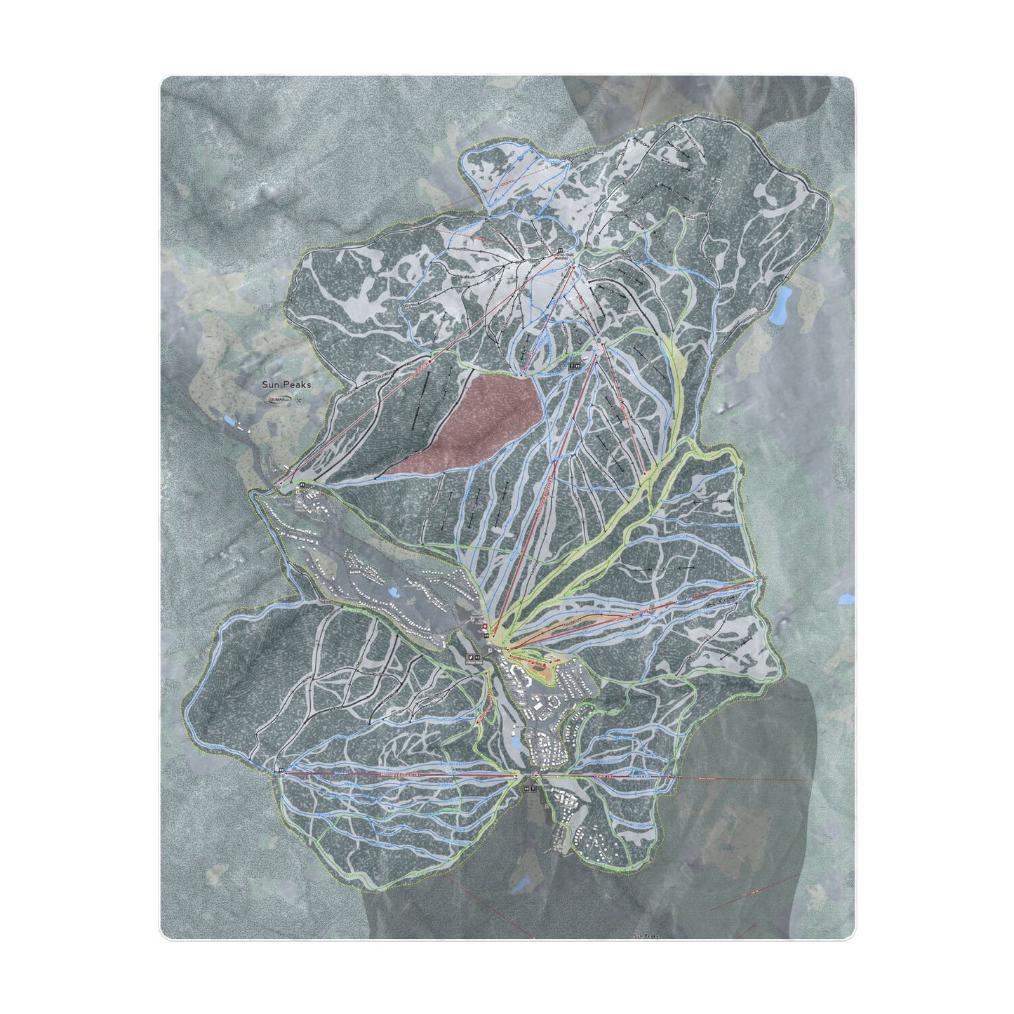 Sun Peaks, British Columbia Ski Resort Map Printed Beach Towel - Powderaddicts