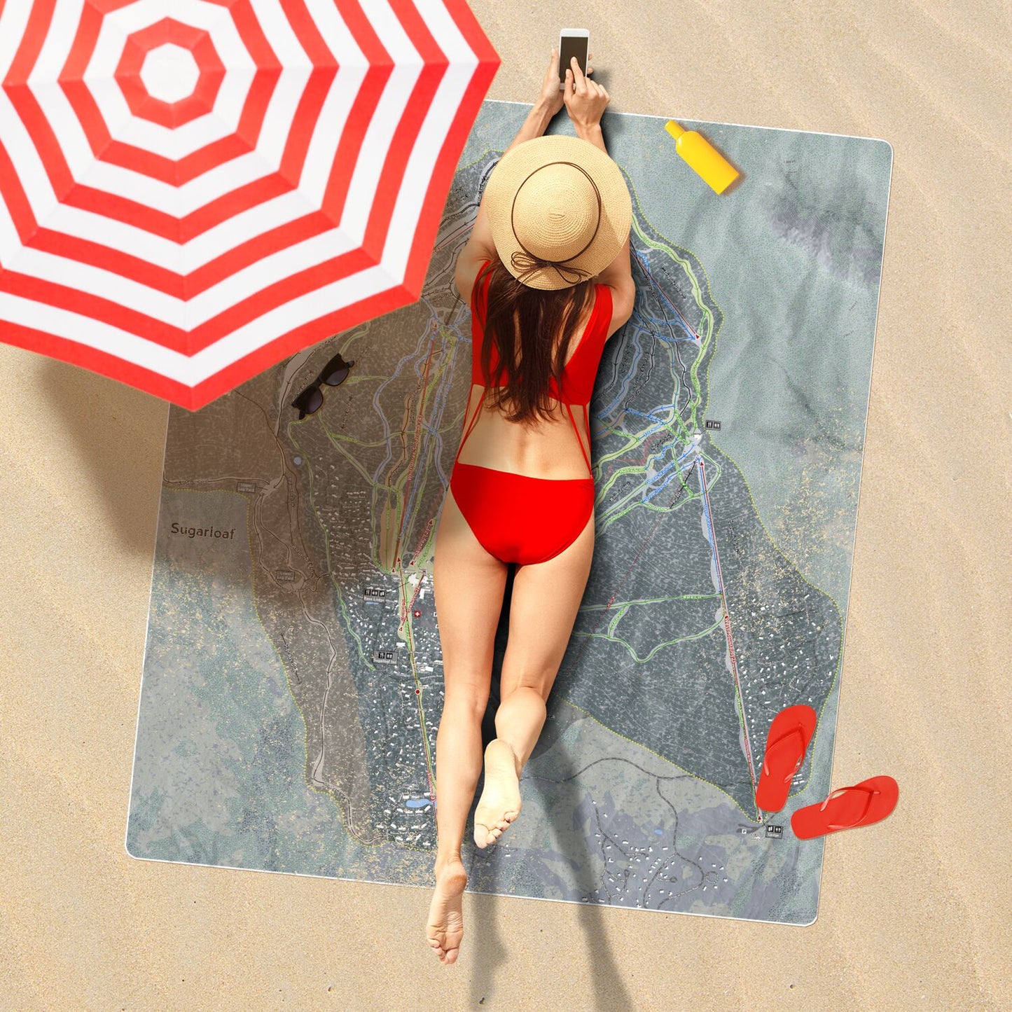 Sugarloaf, Maine Ski Resort Map Printed Beach Towel - Powderaddicts