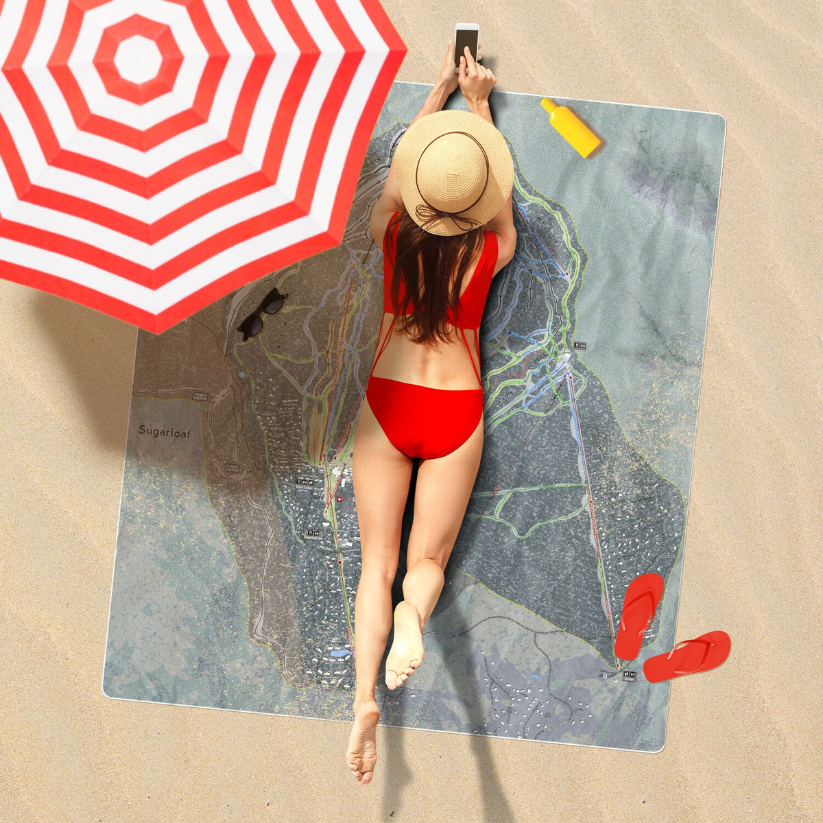 Sugarloaf, Maine Ski Resort Map Printed Beach Towel - Powderaddicts