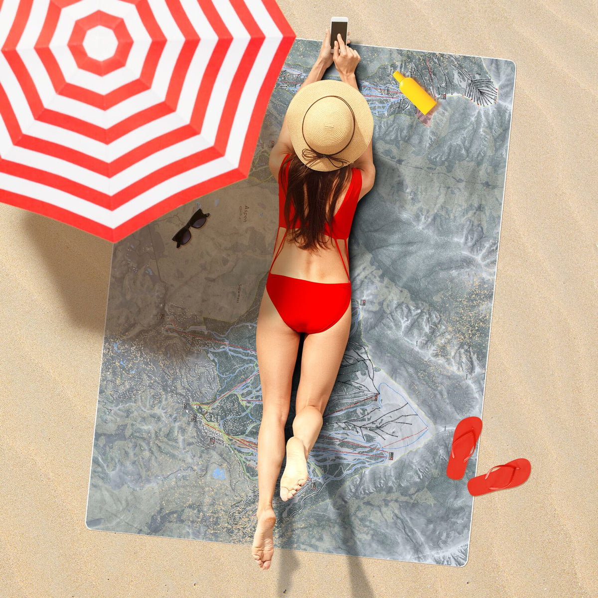 Aspen Snowmass, Colorado Ski Resort Map Printed Beach Towel - Powderaddicts