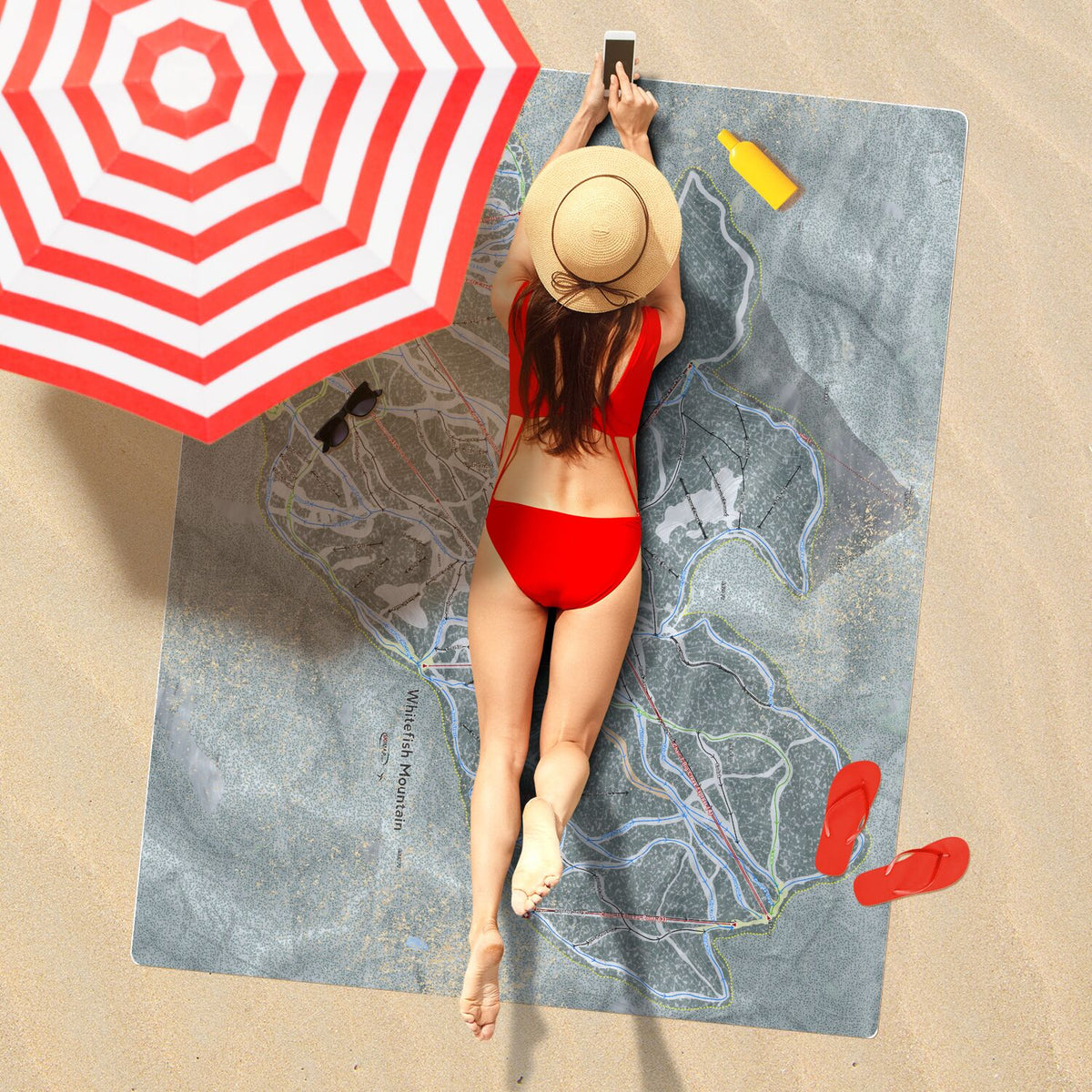 Whitefish Mountain, Montana Ski Resort Map Printed Beach Towel - Powderaddicts