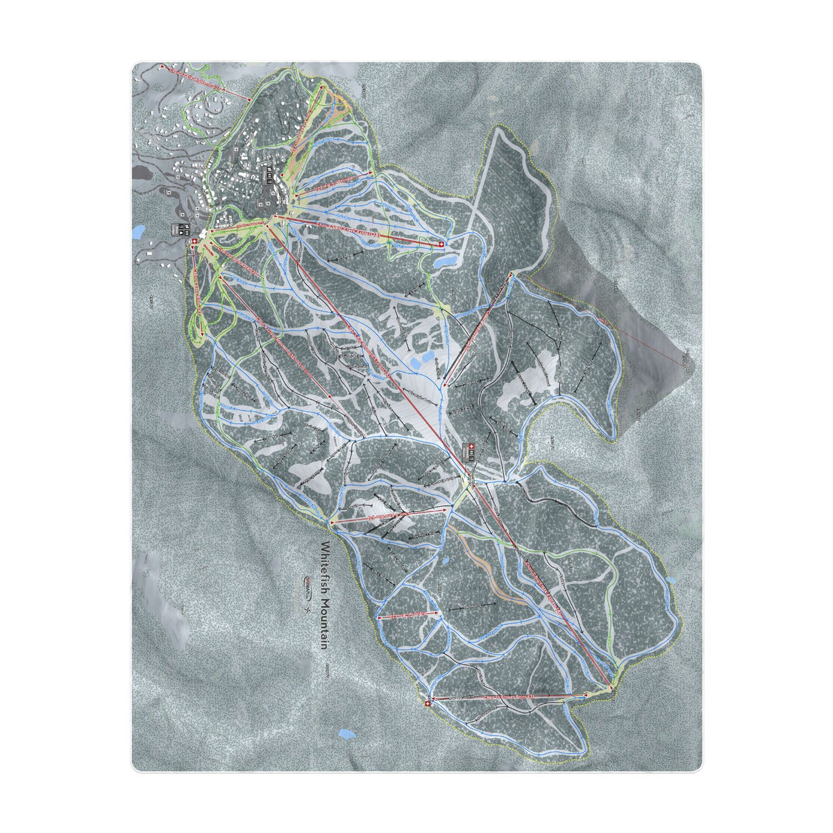 Whitefish Mountain, Montana Ski Resort Map Printed Beach Towel - Powderaddicts