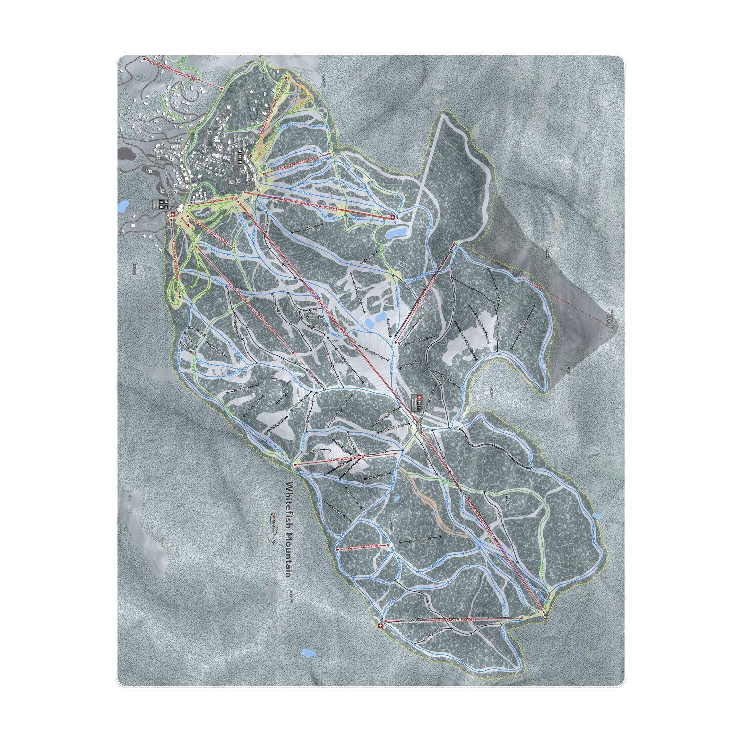 Whitefish Mountain, Montana Ski Resort Map Printed Beach Towel - Powderaddicts