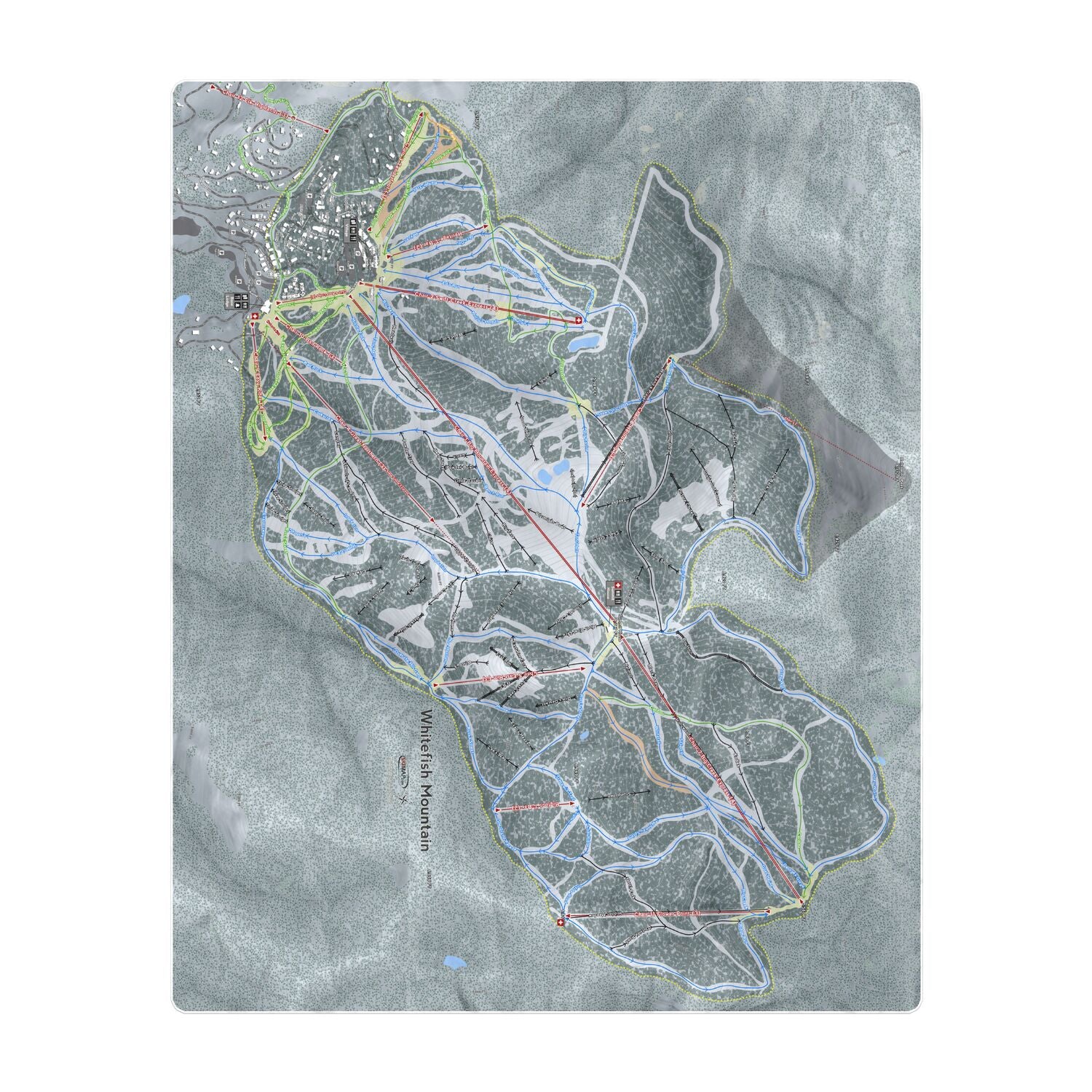 Whitefish Mountain, Montana Ski Resort Map Printed Beach Towel - Powderaddicts