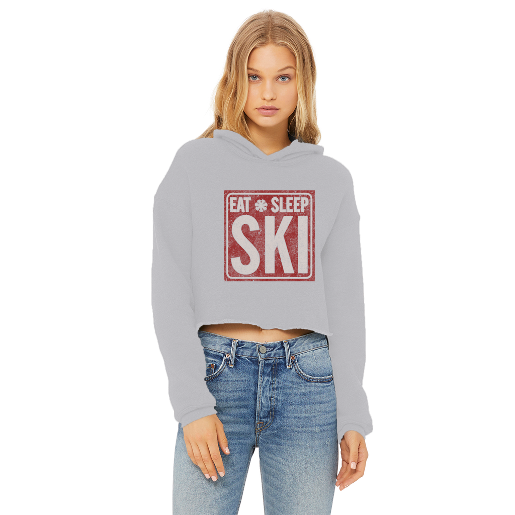 Eat Sleep Ski Ladies Cropped Raw Edge Hoodie - Powderaddicts