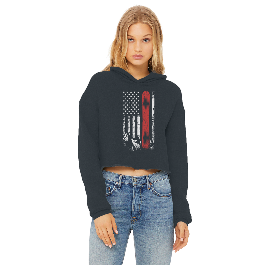 USA Snowboard Flag Thin Red Line Ladies Cropped Raw Edge Hoodie - Powderaddicts