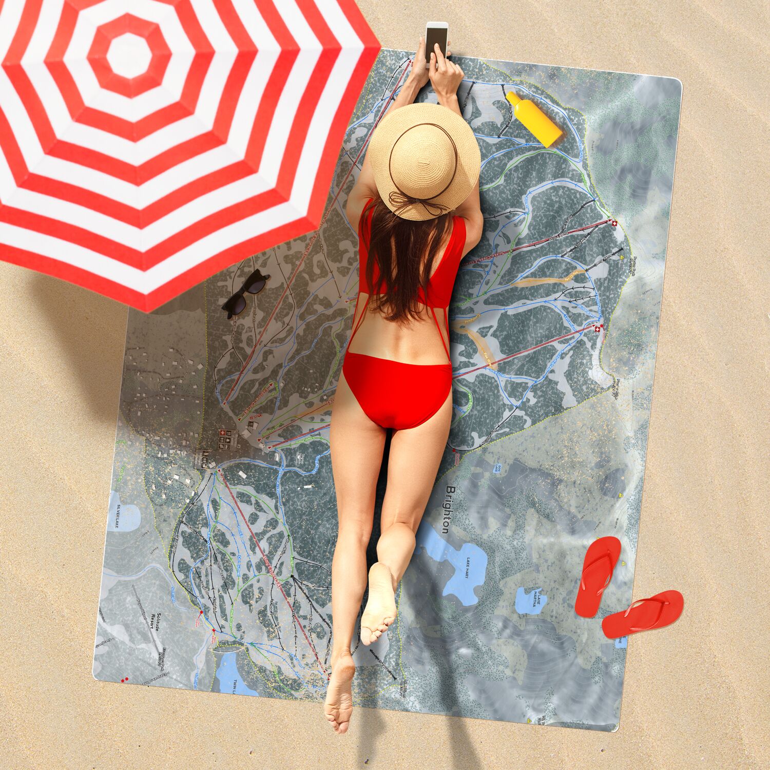 Brighton, Utah Ski Resort Map Printed Beach Towel - Powderaddicts