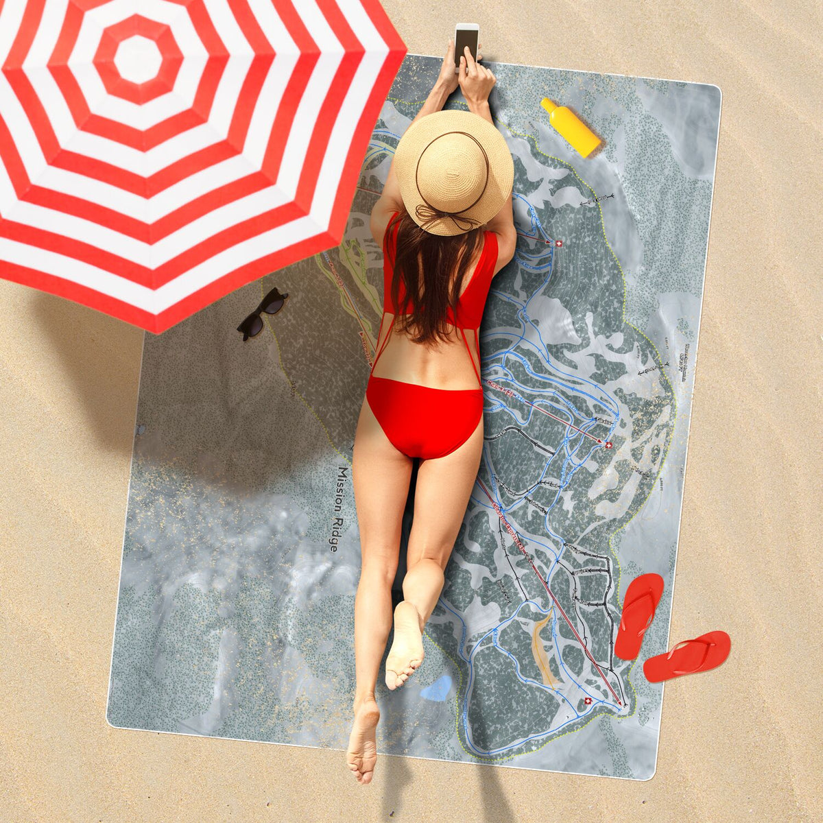 Mission Ridge, Washington Ski Resort Map Printed Beach Towel - Powderaddicts