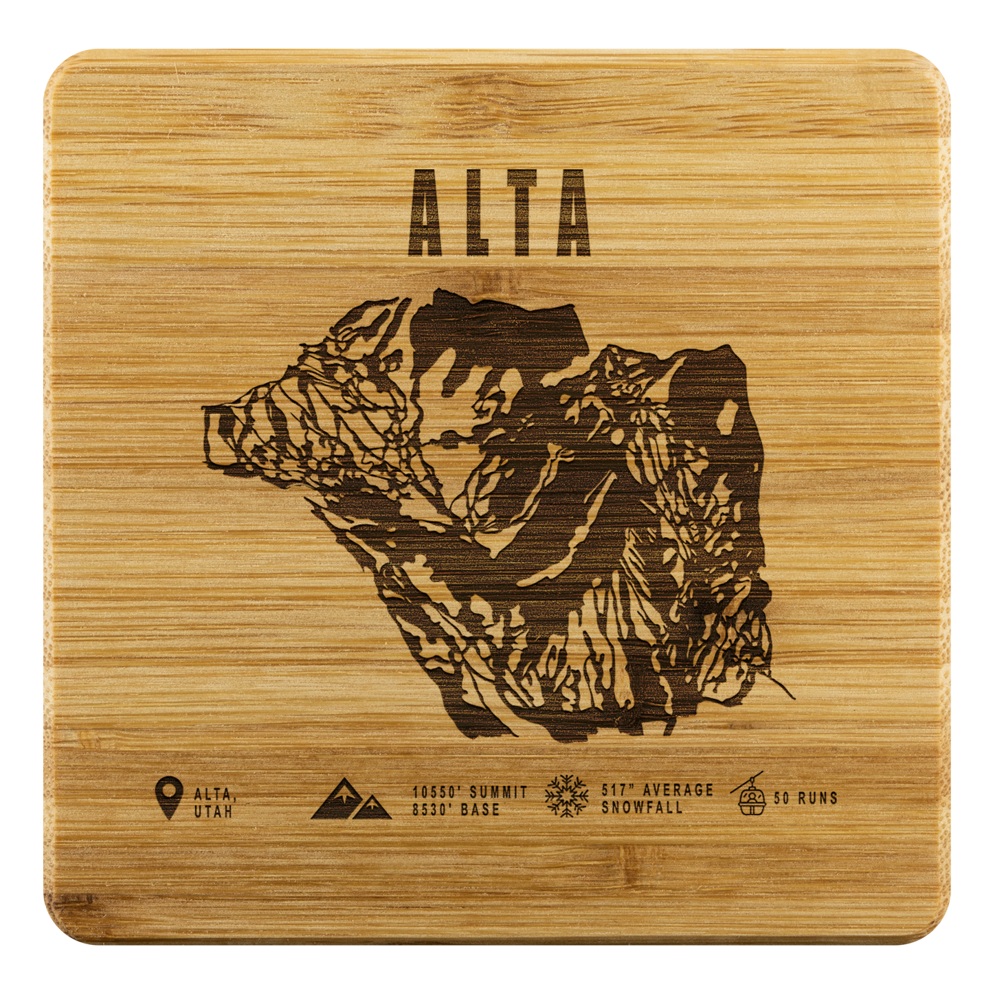 Alta,Utah Ski Trail Map Bamboo Coaster - Powderaddicts