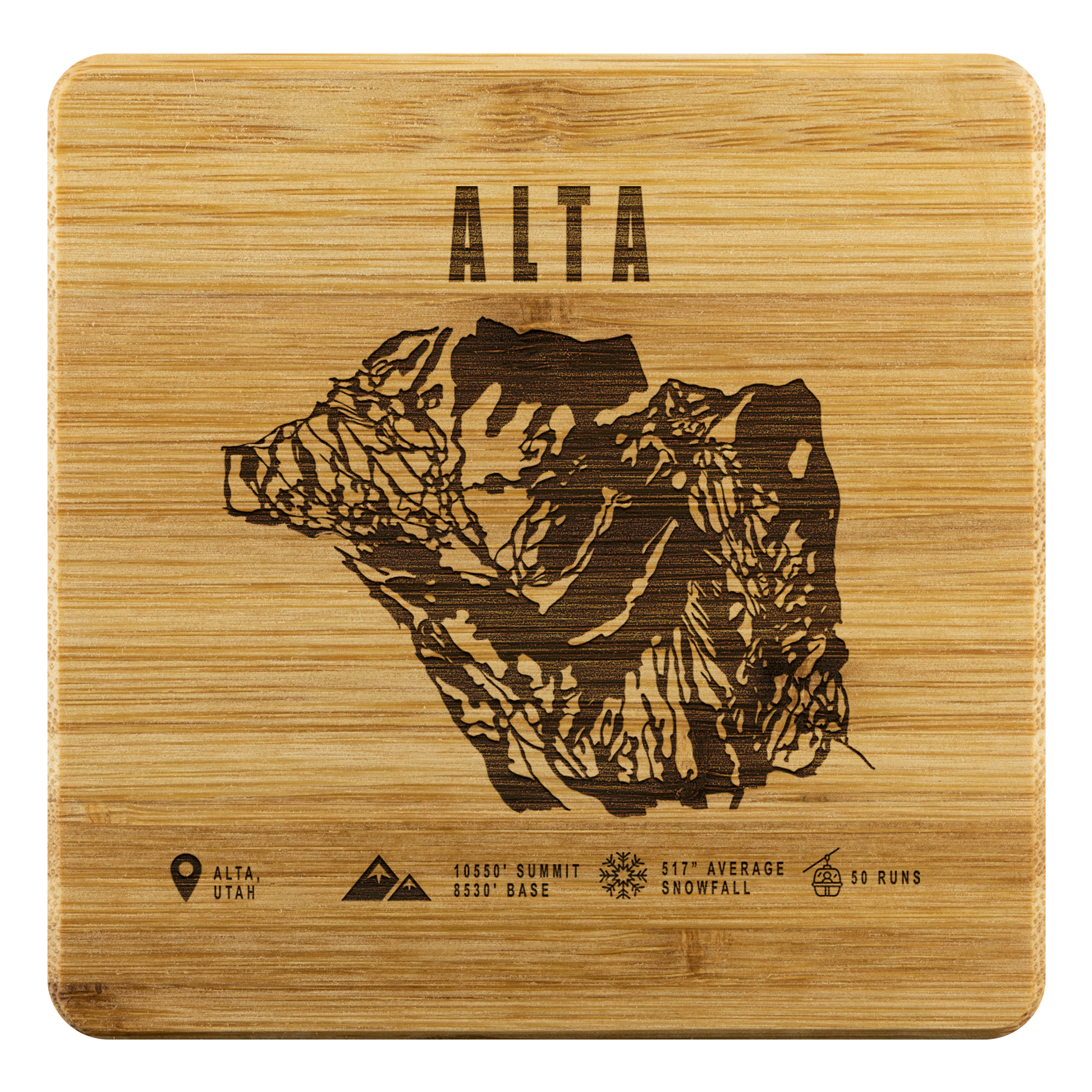 Alta,Utah Ski Trail Map Bamboo Coaster - Powderaddicts