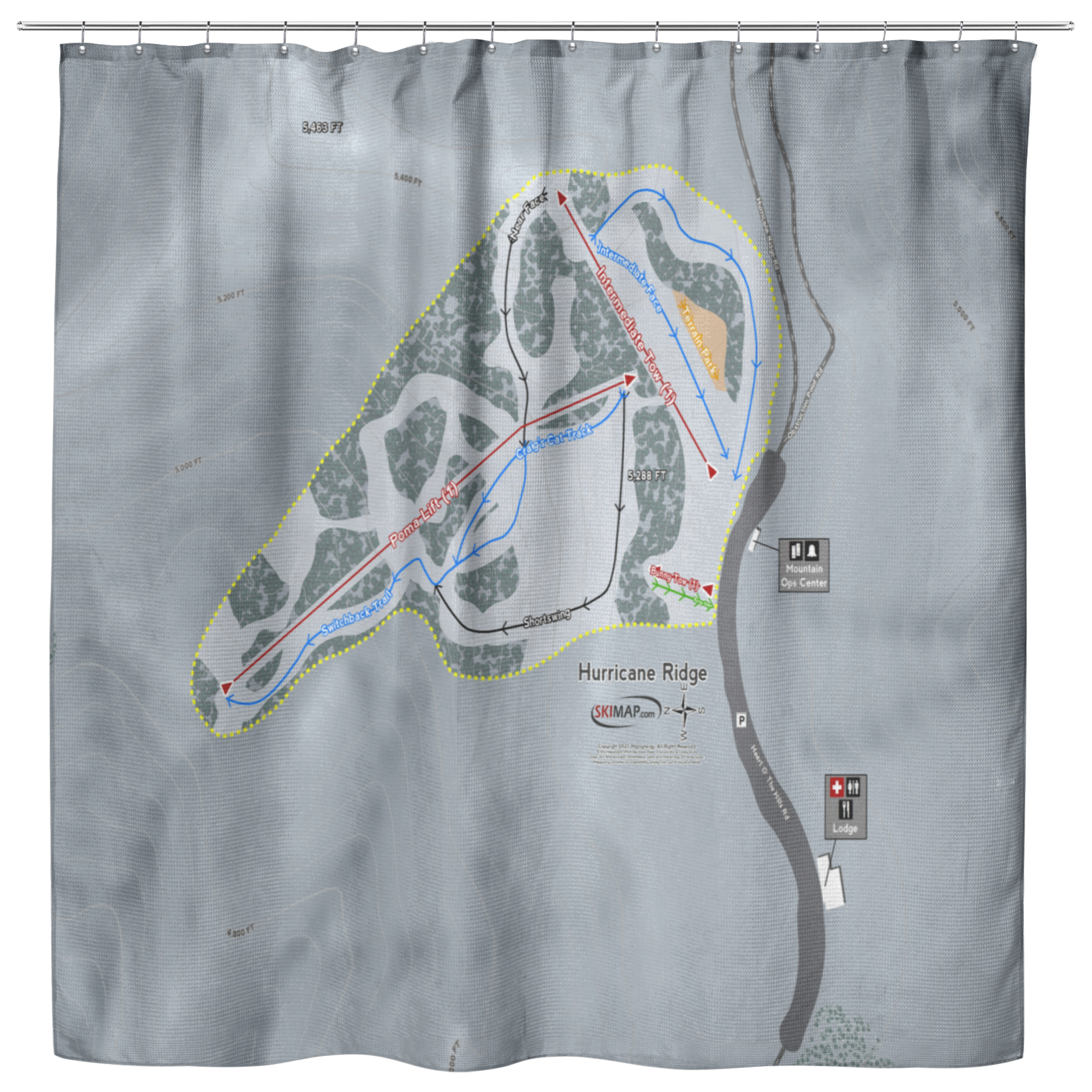 Hurricane Ridge Ski Trail Map Shower Curtain - Powderaddicts