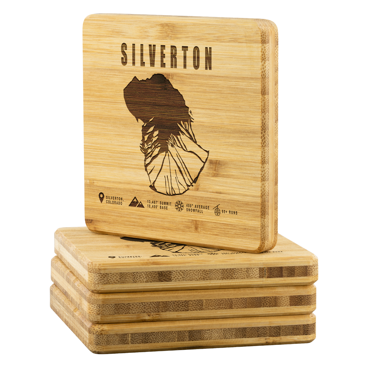 Silverton Colorado Ski Trail Map Bamboo Coaster - Powderaddicts