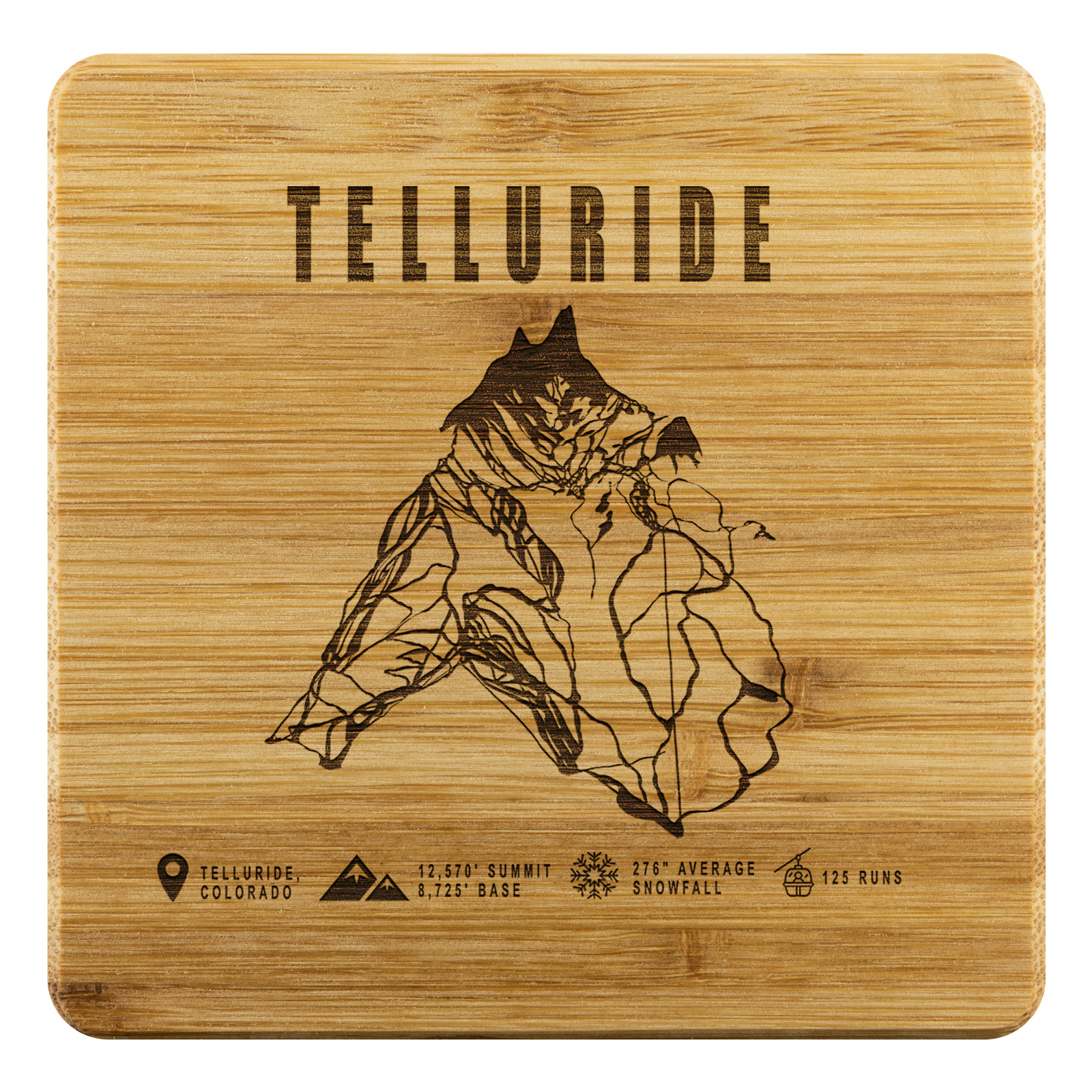 Telluride Colorado Ski Trail Map Bamboo Coaster - Powderaddicts