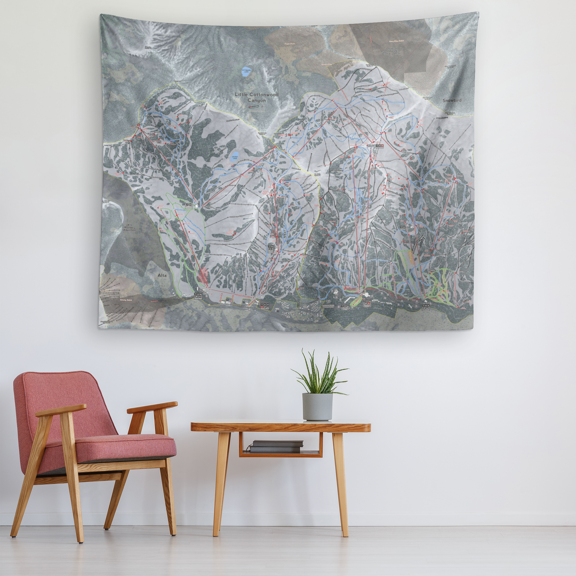 Little Cottonwood Canyon Utah Ski Trail Map Wall Tapestry - Powderaddicts