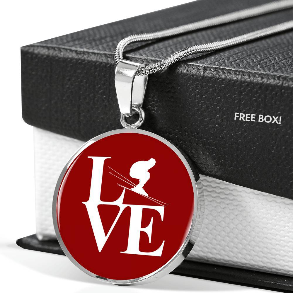 LOVE Ski Red Ellipse Pendant Necklace - Powderaddicts