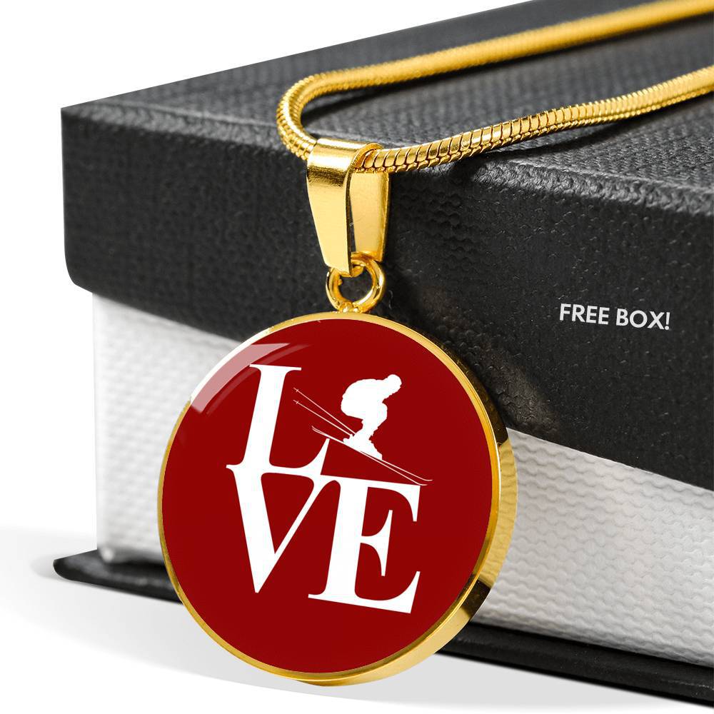 LOVE Ski Red Ellipse Pendant Necklace - Powderaddicts