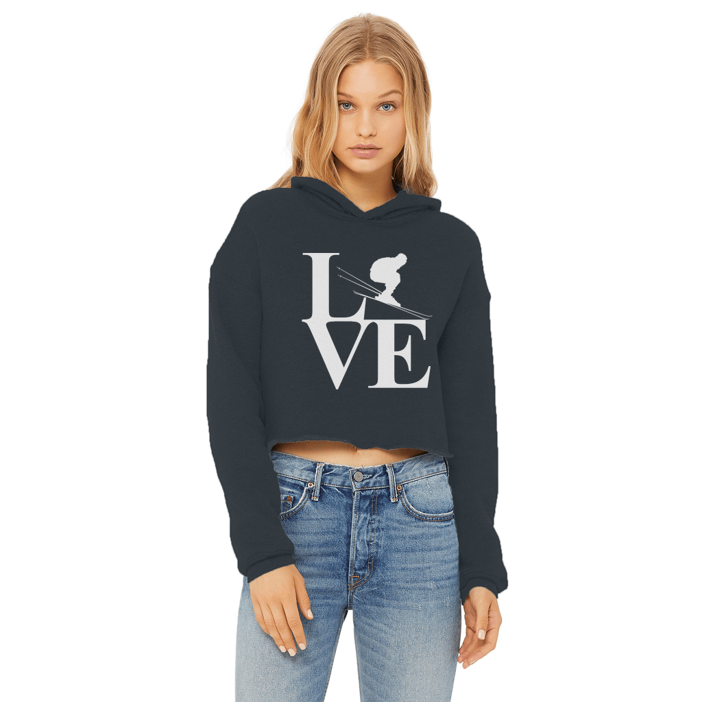 Love Skiing Ladies Cropped Raw Edge Hoodie - Powderaddicts
