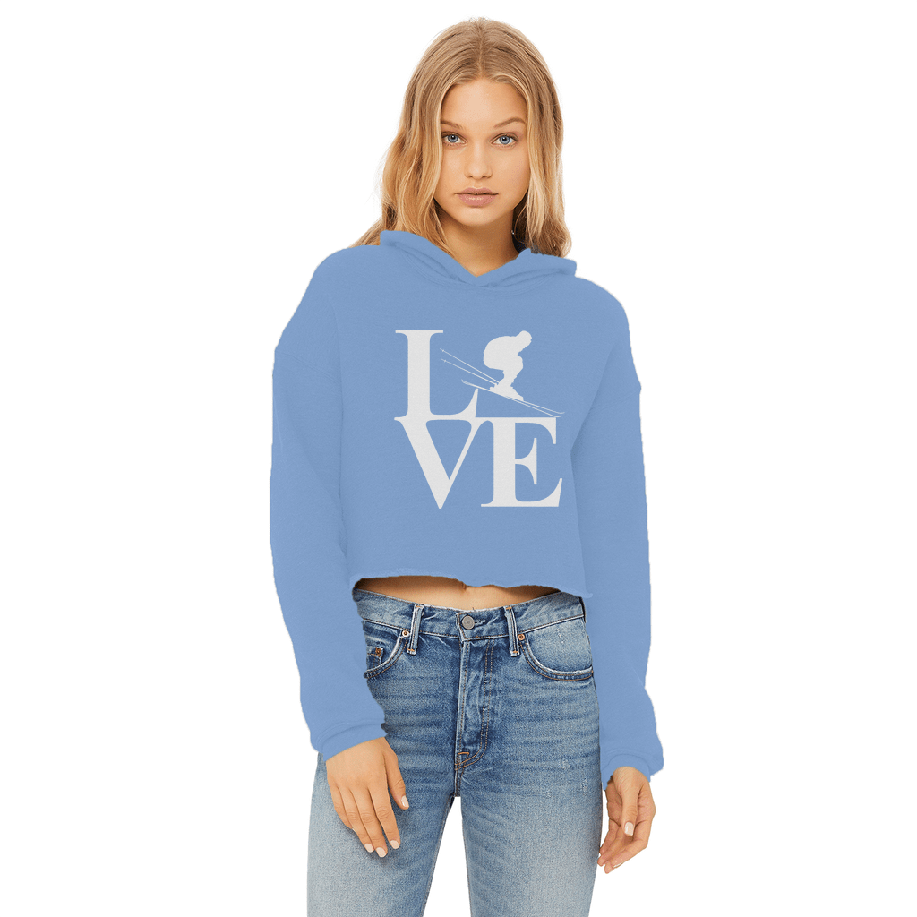 Love Skiing Ladies Cropped Raw Edge Hoodie - Powderaddicts