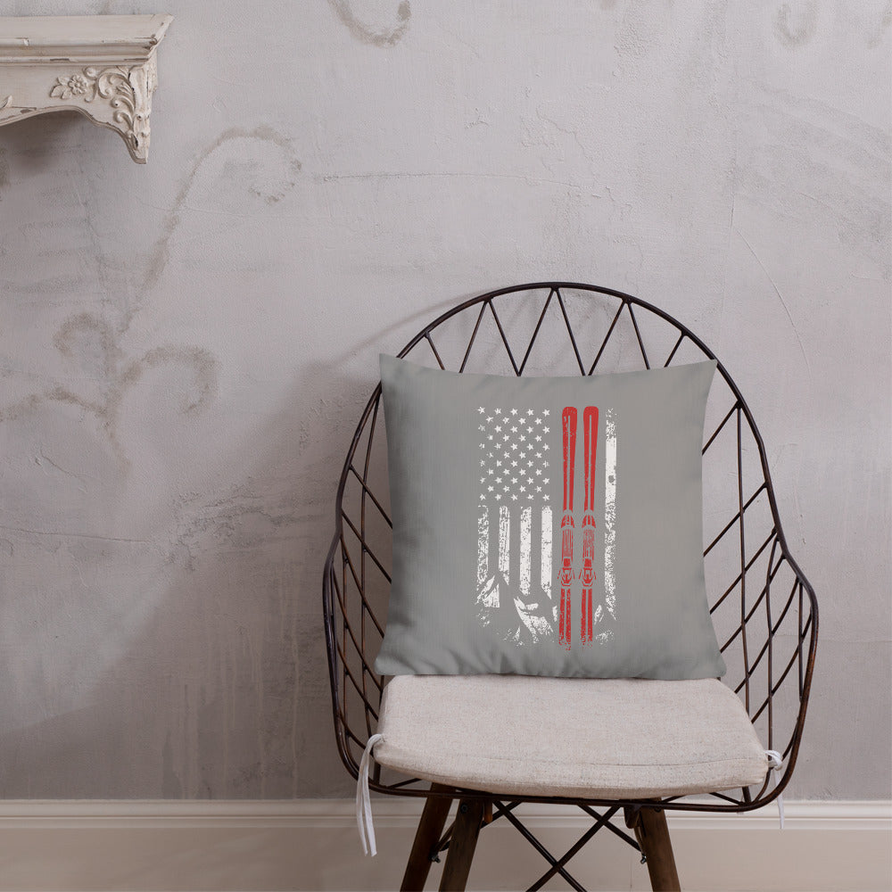 Ski USA Flag Grey Premium Pillow - Powderaddicts