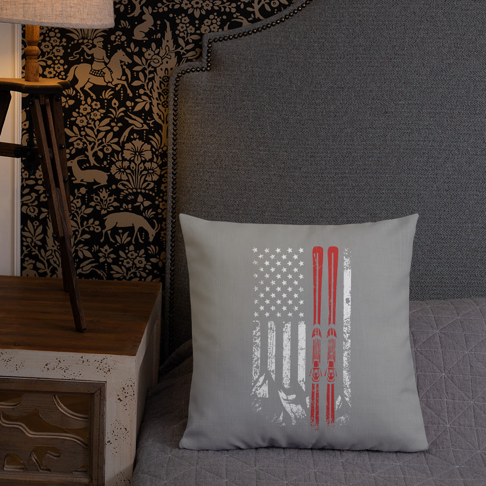 Ski USA Flag Grey Premium Pillow - Powderaddicts