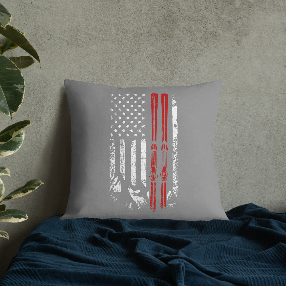 Ski USA Flag Grey Premium Pillow - Powderaddicts