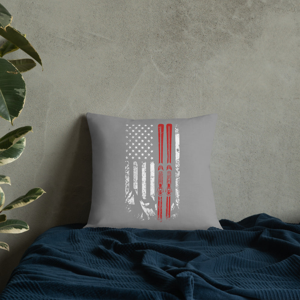 Ski USA Flag Grey Premium Pillow - Powderaddicts