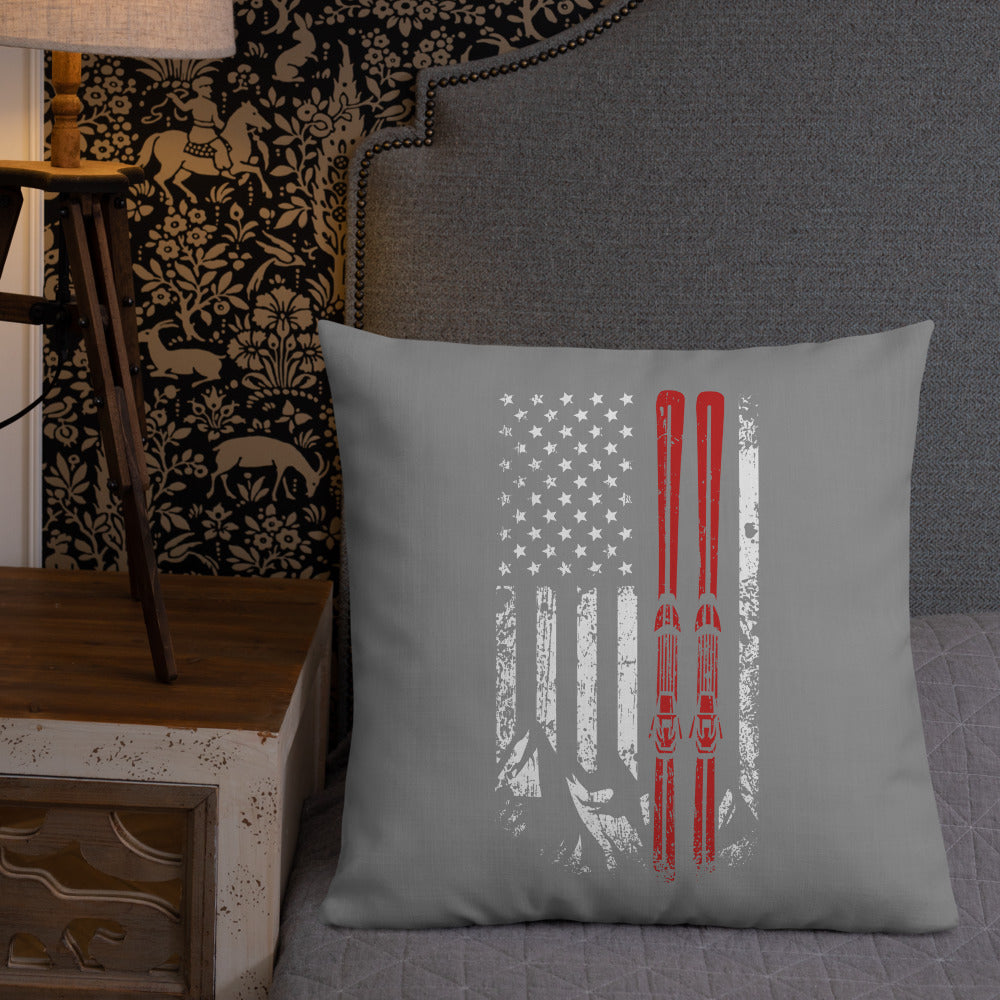 Ski USA Flag Grey Premium Pillow - Powderaddicts