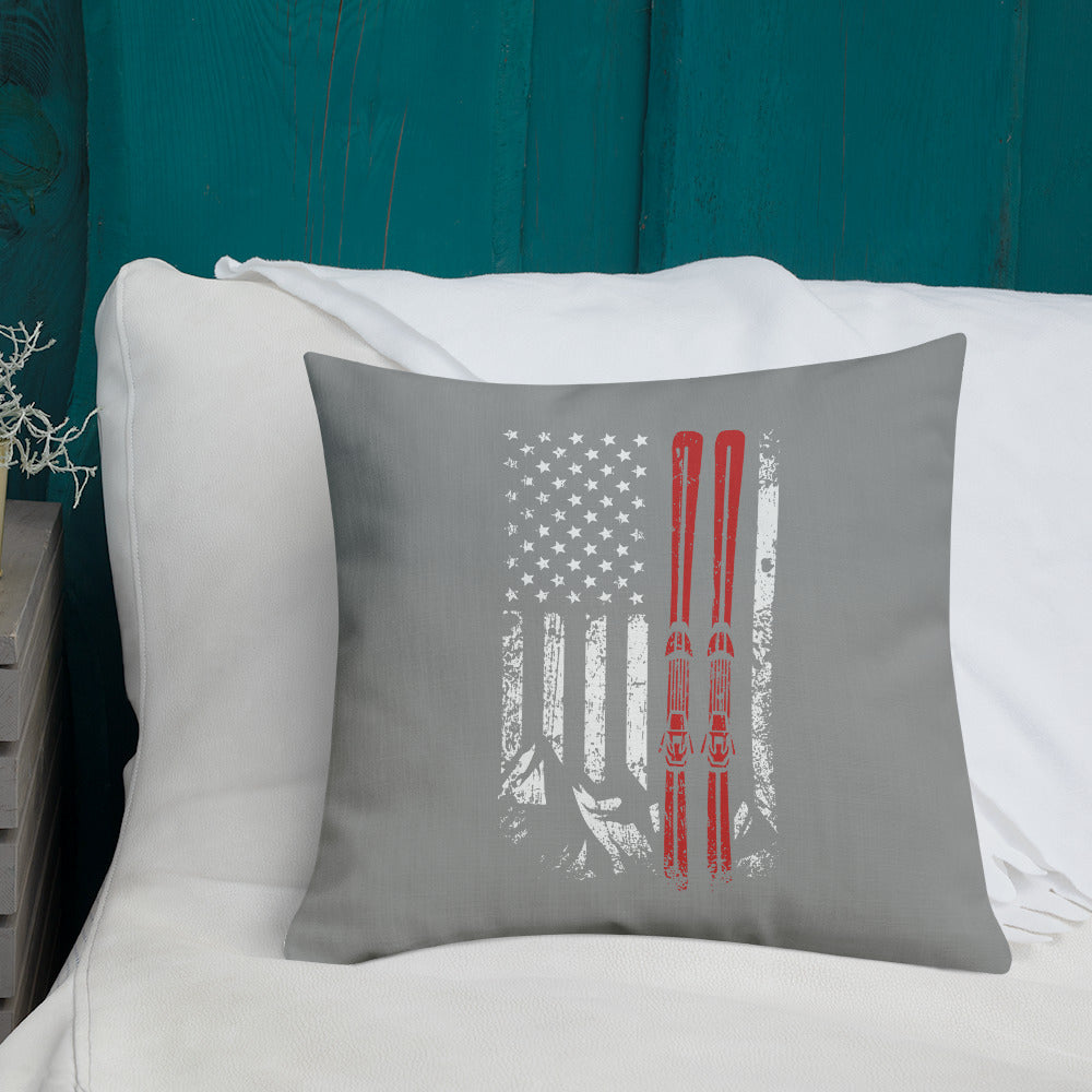 Ski USA Flag Grey Premium Pillow - Powderaddicts