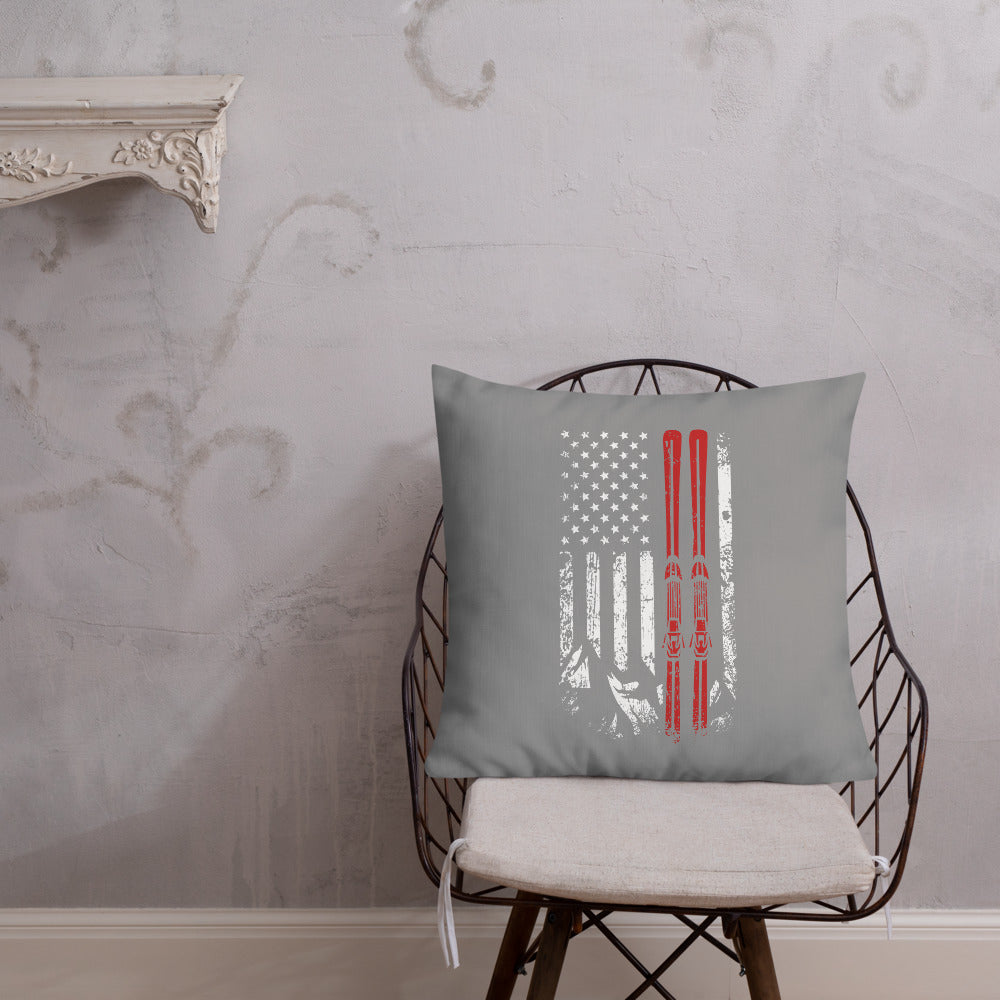 Ski USA Flag Grey Premium Pillow - Powderaddicts