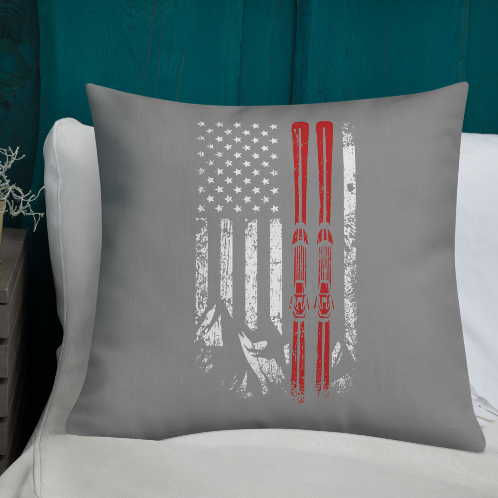 Ski USA Flag Grey Premium Pillow - Powderaddicts