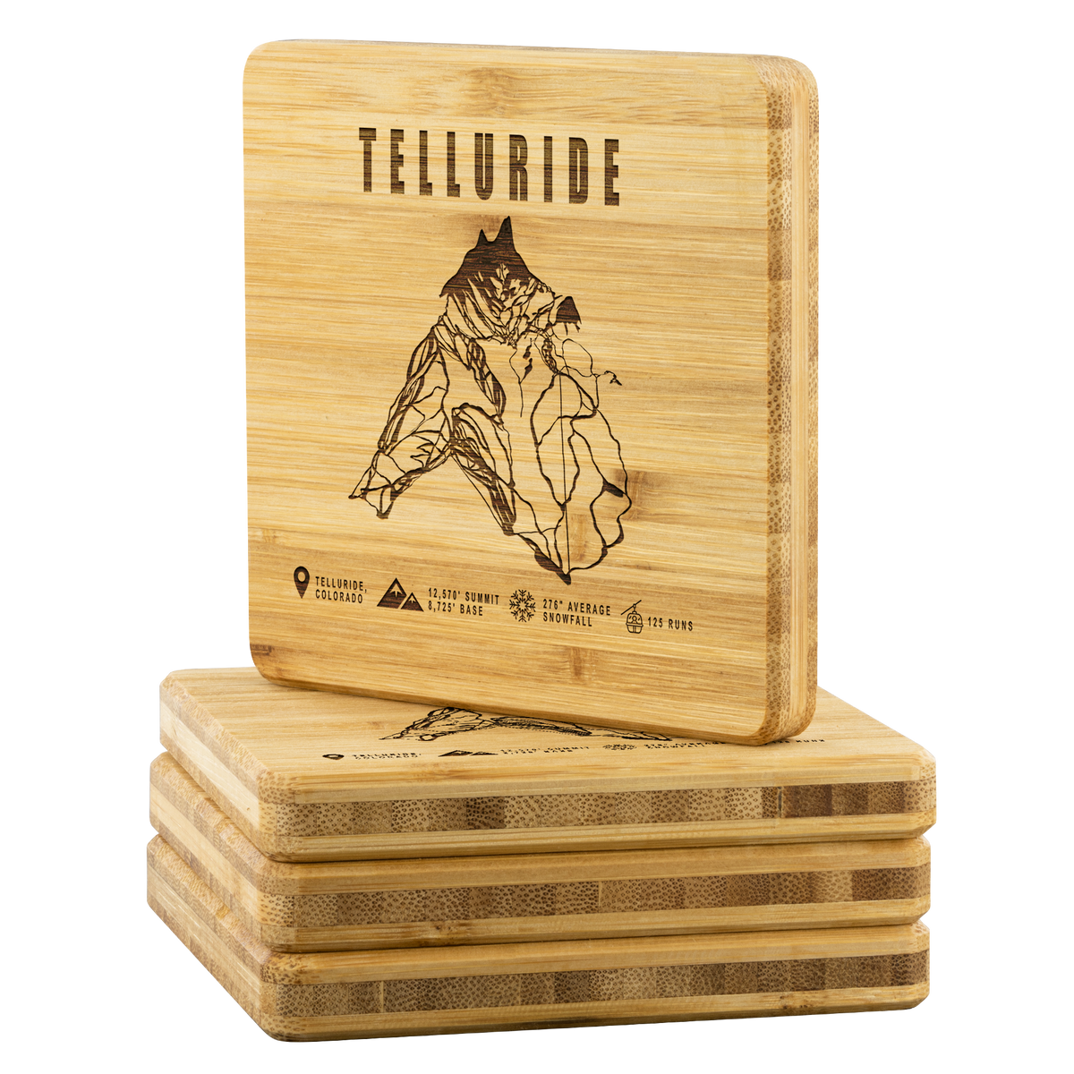 Telluride Colorado Ski Trail Map Bamboo Coaster - Powderaddicts