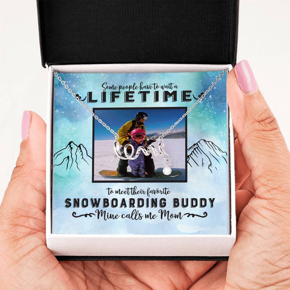 PERSONALIZED Photo Message Card | Some People Wait A Lifetime To Find Their Favorite Snowboarding Buddy, Mine Calls Me Mom | Scripted Love Necklace - Surgical Steel & Yellow Gold - Powderaddicts