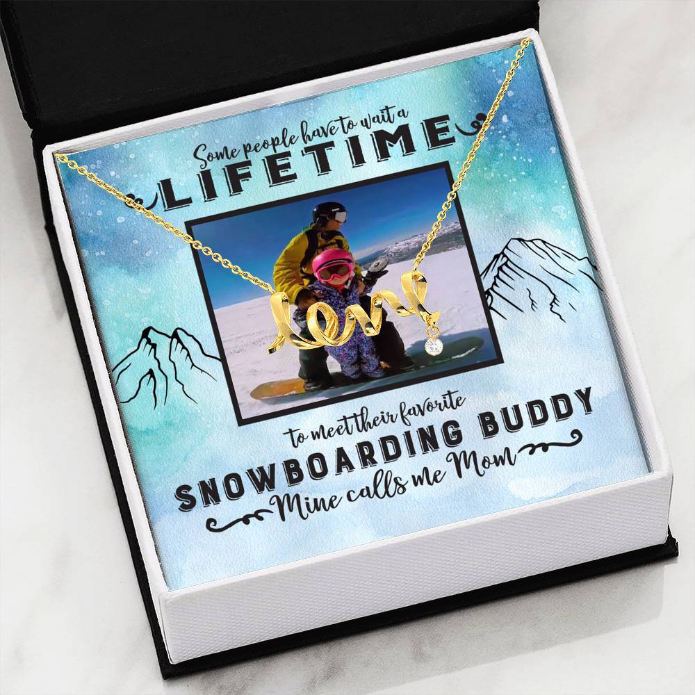 PERSONALIZED Photo Message Card | Some People Wait A Lifetime To Find Their Favorite Snowboarding Buddy, Mine Calls Me Mom | Scripted Love Necklace - Surgical Steel &amp; Yellow Gold - Powderaddicts