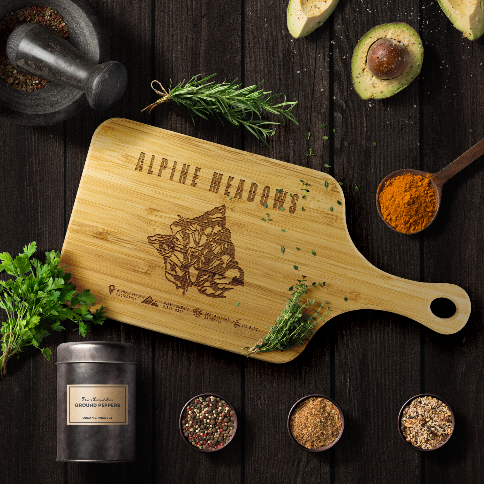 Alpine Meadows, California Ski Trail Map Cutting Board With Handle - Powderaddicts