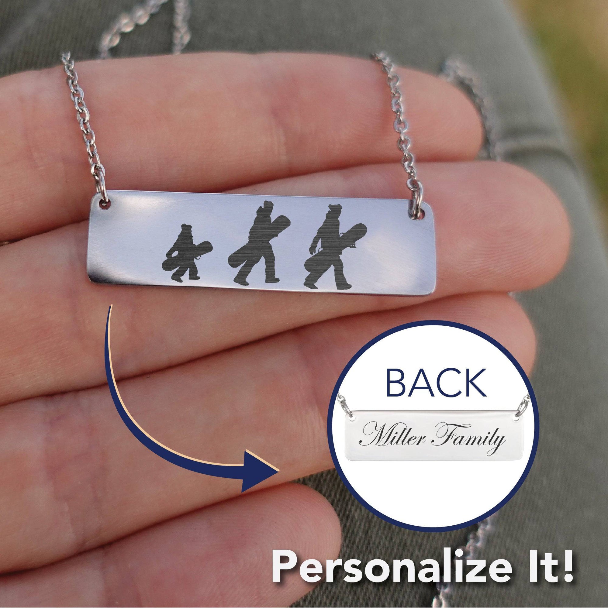 RIDING FAMILY - 1 Mom, 1 Dad, 1 Child | PERSONALIZED BAR PENDANT NECKLACE - Powderaddicts