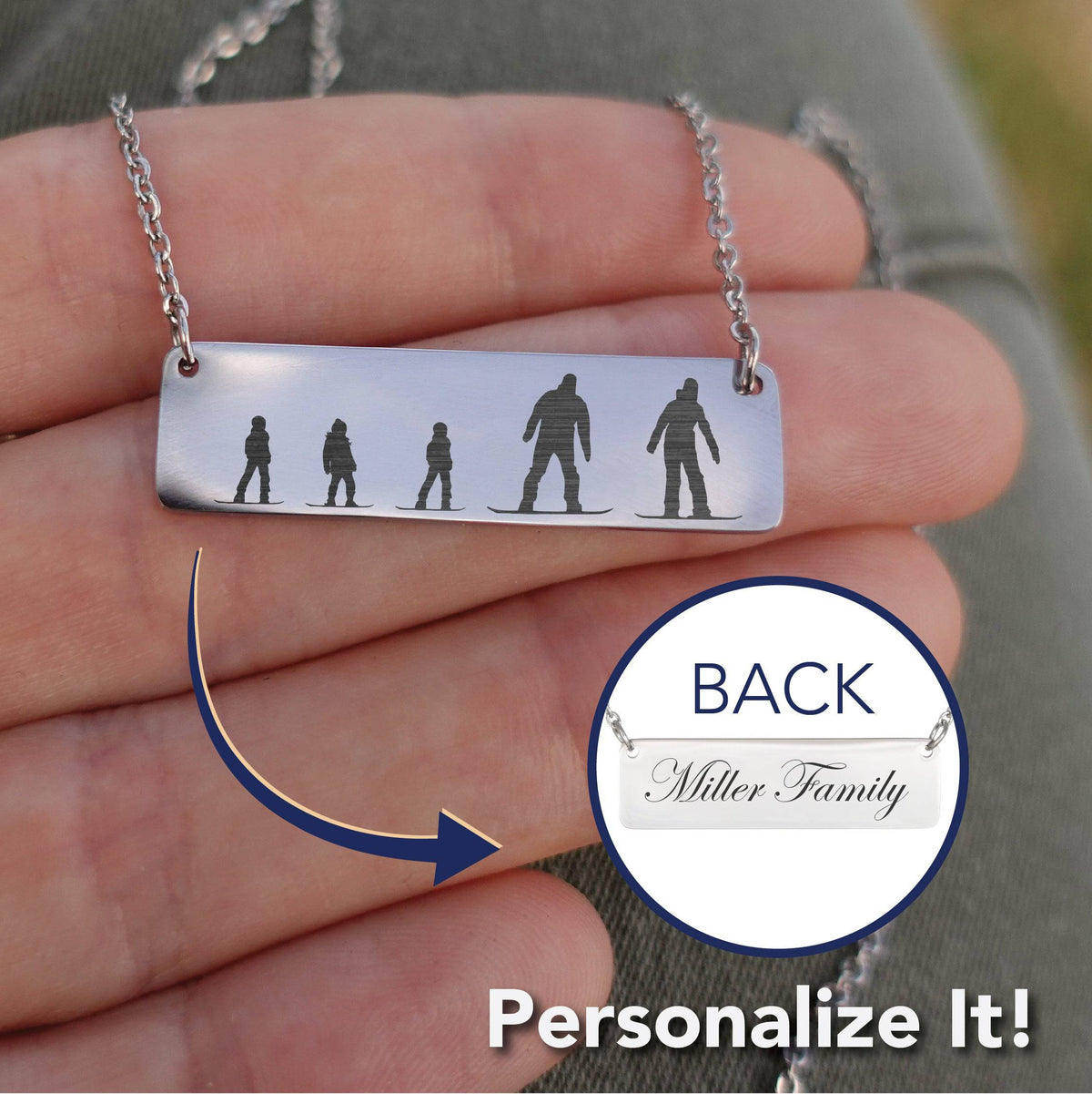 RIDING FAMILY - 1 Mom, 1 Dad, 3 Children | PERSONALIZED BAR PENDANT NECKLACE - Powderaddicts