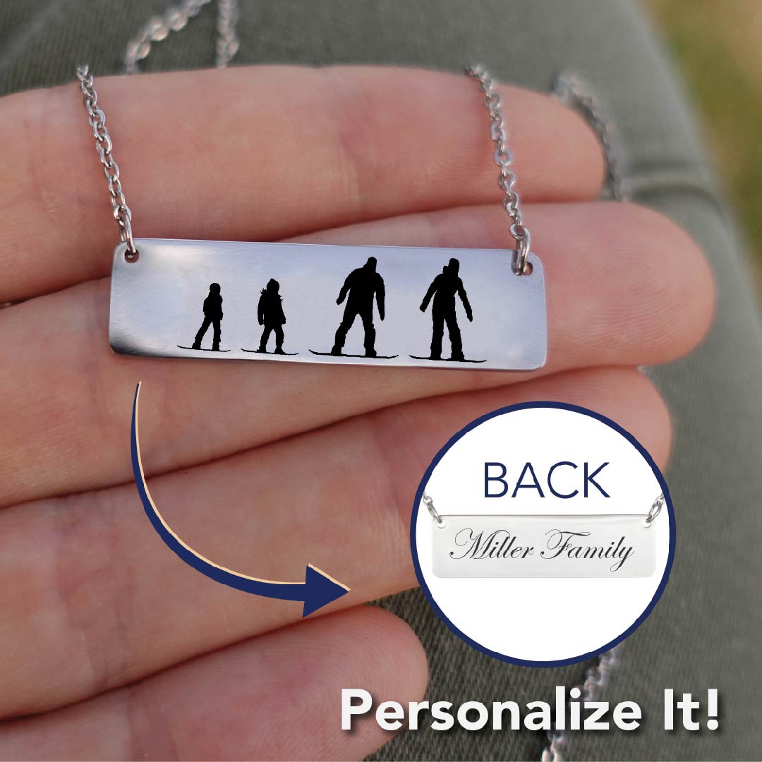 Riding Snowboarding Family - 1 Mom, 1 Dad, 2 Kids | Personalized Bar Pendant Necklace - Powderaddicts