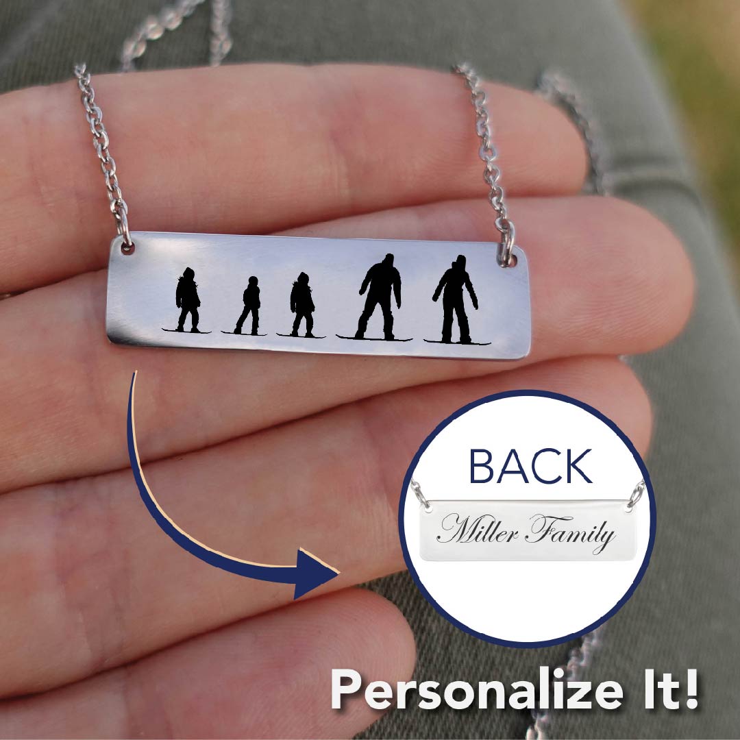 Riding Snowboarding Family - 1 Mom, 1 Dad, 3 Kids | Personalized Bar Pendant Necklace - Powderaddicts