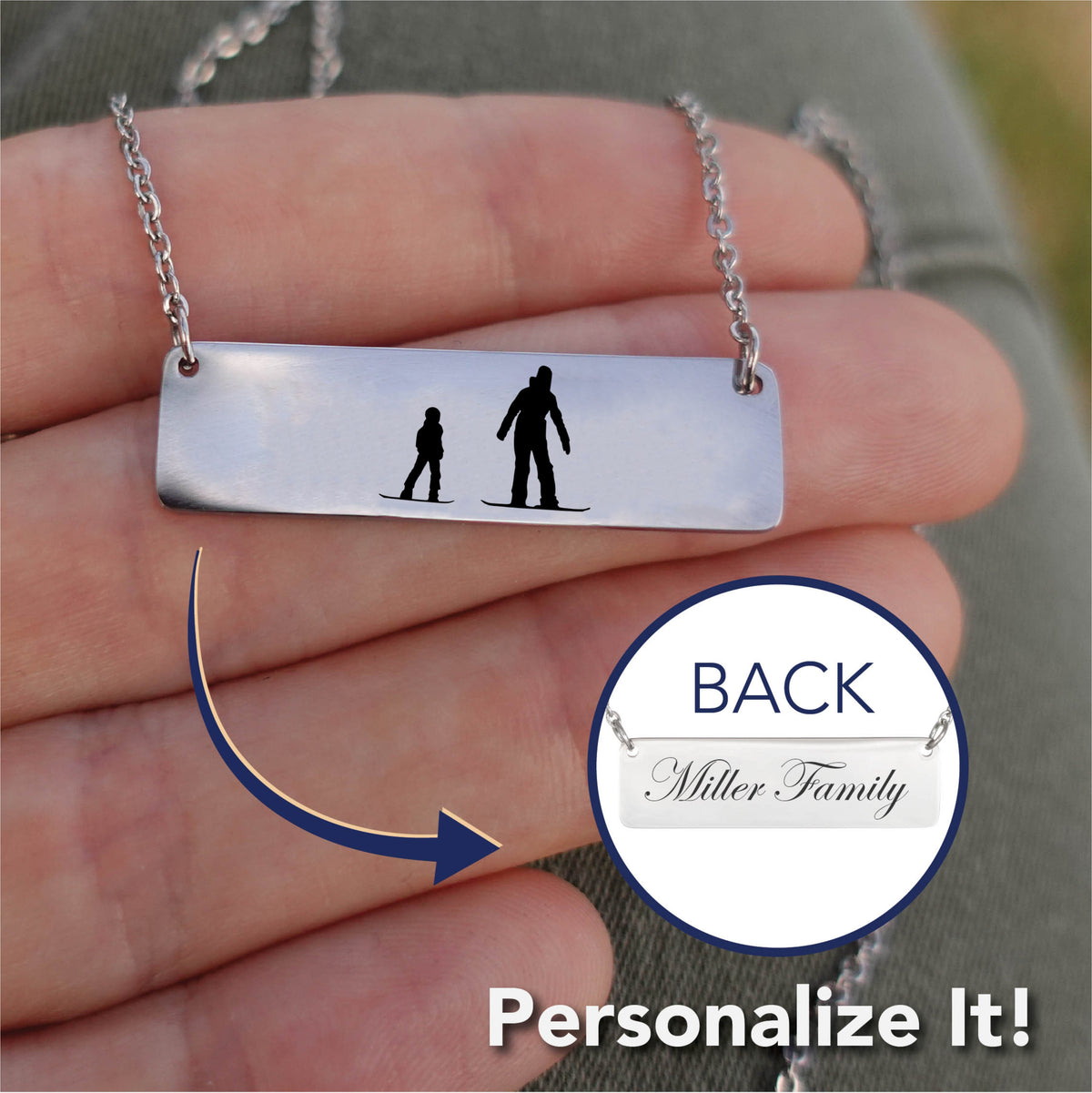 Riding Snowboarding Family - 1 Mom, 1 Kid | Personalized Bar Pendant Necklace - Powderaddicts