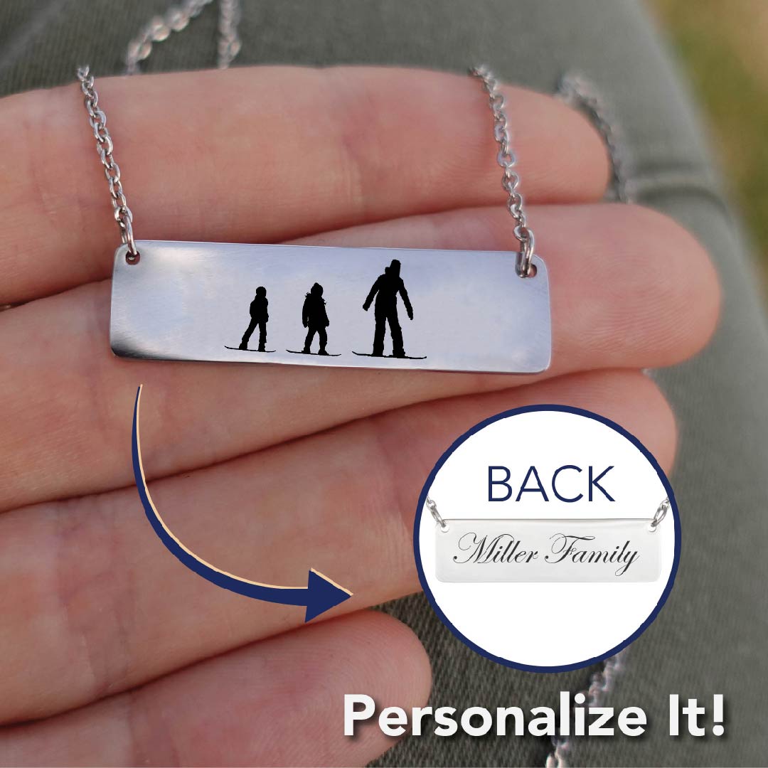 Riding Snowboarding Family - 1 Mom, 2 Kids | Personalized Bar Pendant Necklace - Powderaddicts